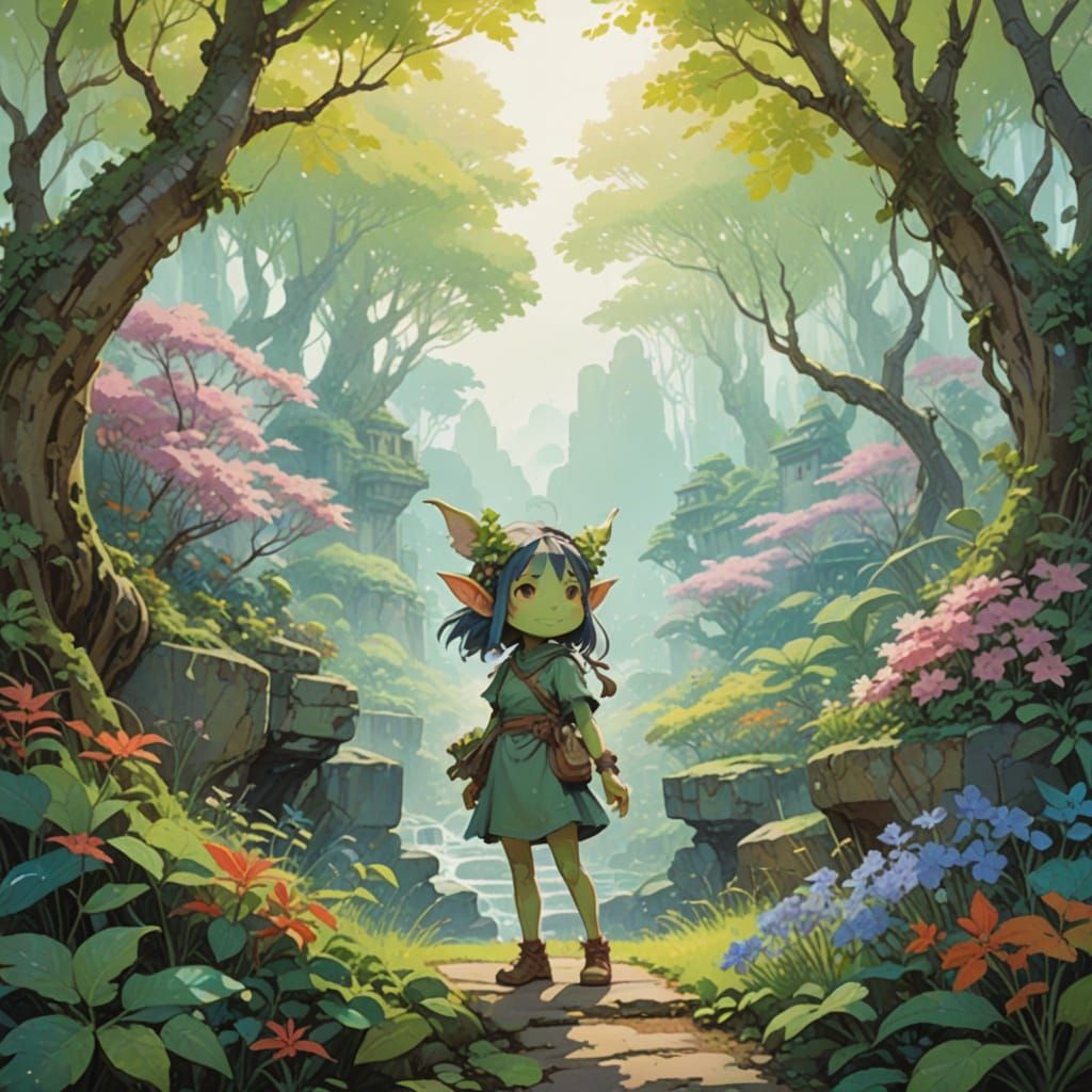 Goblin Girl in Whimsical Fantasy Landscape