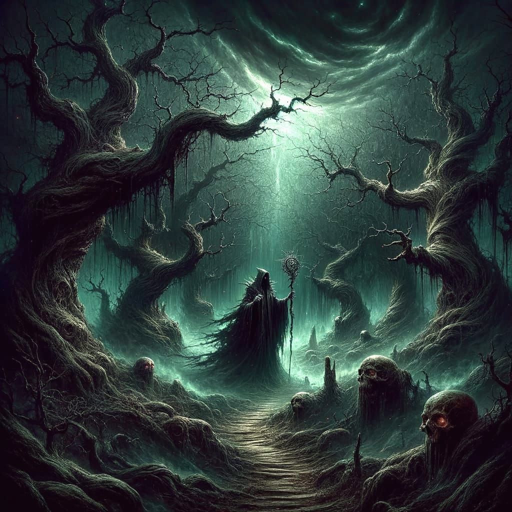 Gothic Forest: Dark Figure with Enchanted Staff