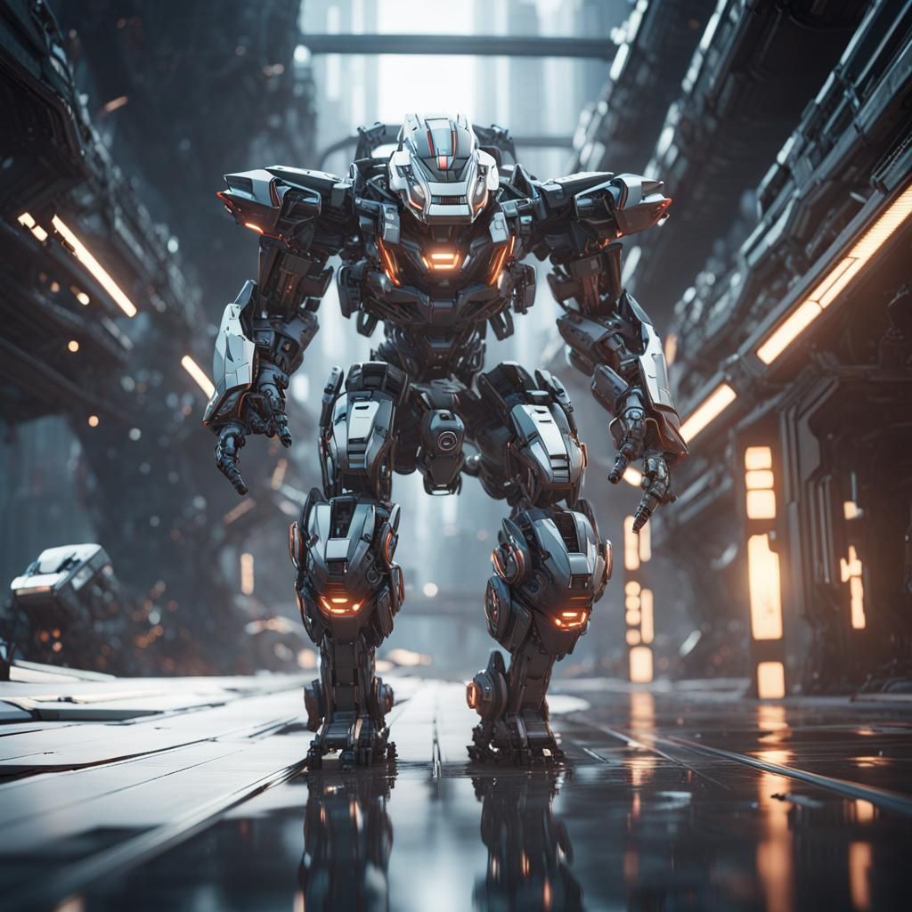 Man Driving Mech Suit in Futuristic Sci-Fi Style