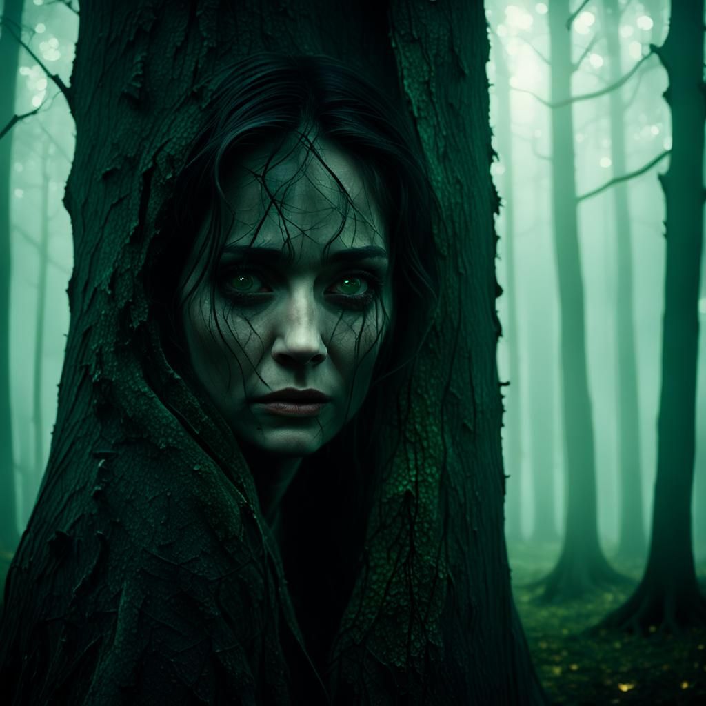 Mysterious Woman Hiding in Misty Forest, Cinematic Still