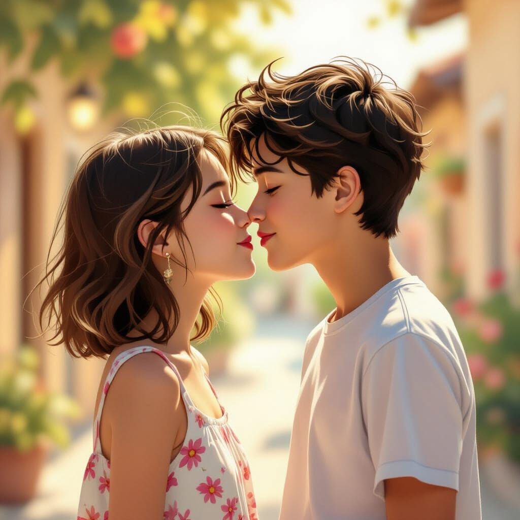 Romantic Kiss in Dreamlike Pastel Illustration Style