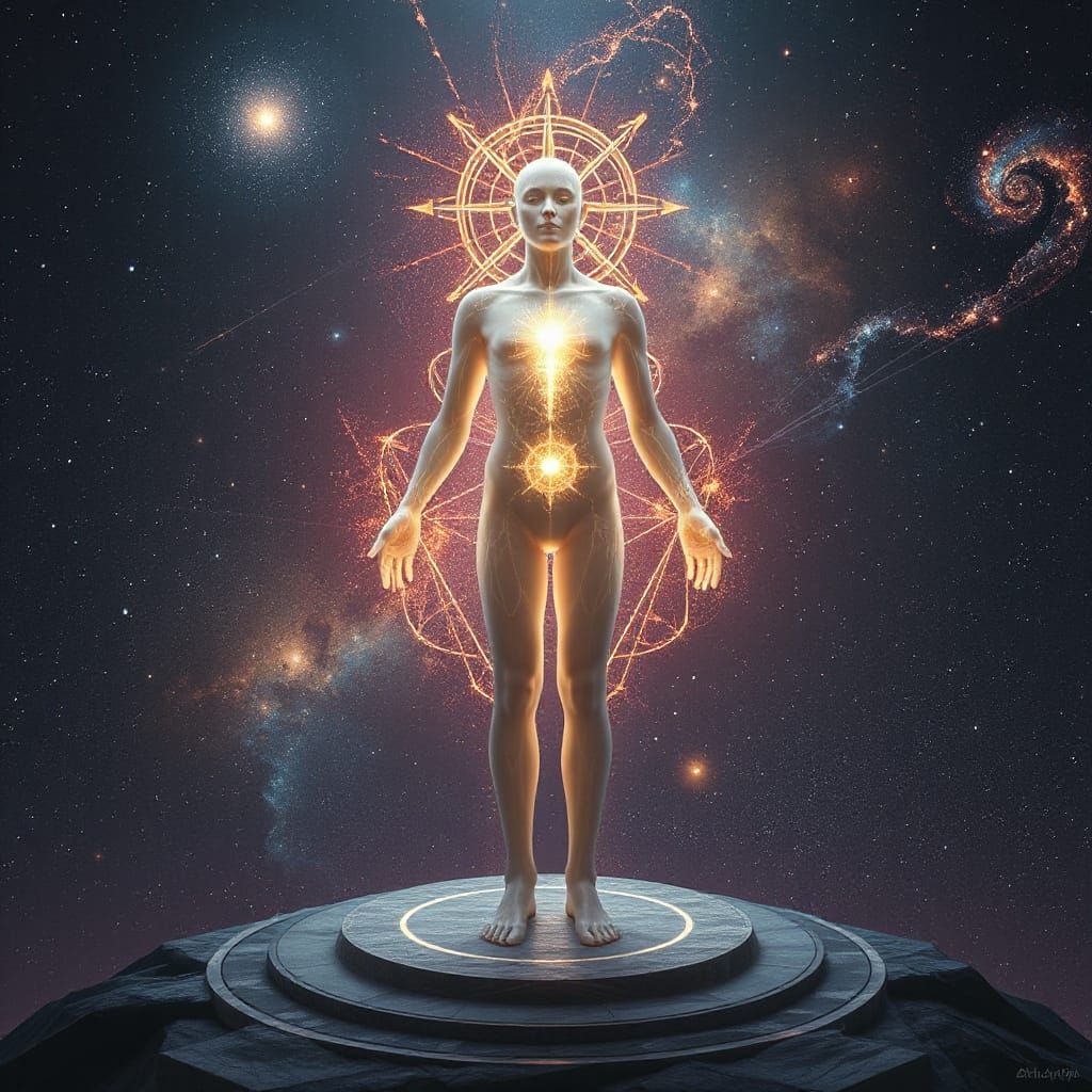 Ethereal Humanoid Radiates Cosmic Light in Futuristic Vision...