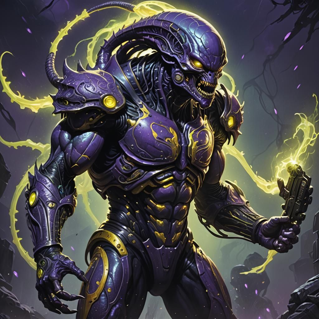 Lambent Alien Wrestler with Gun in Dark Fantasy Art