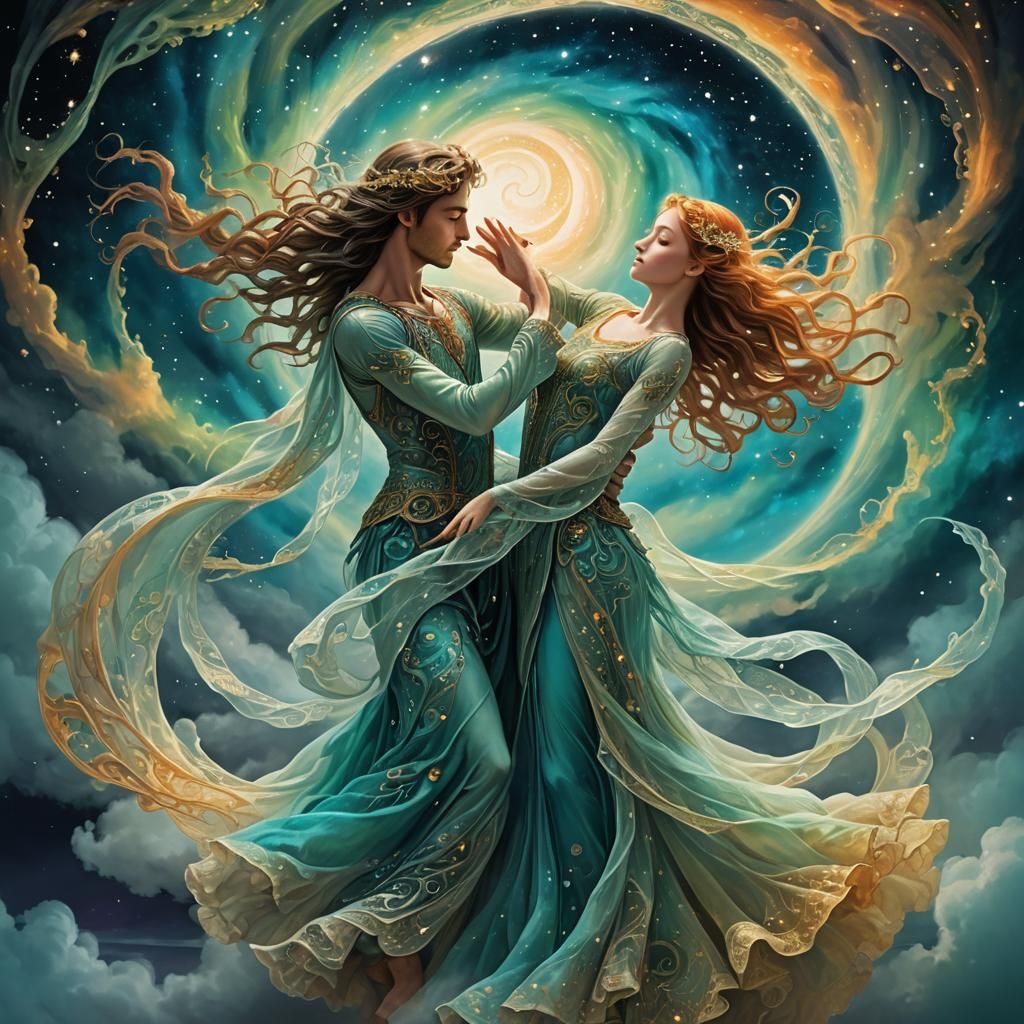 Cosmic Lovers in Celestial Ballet Under Aurora