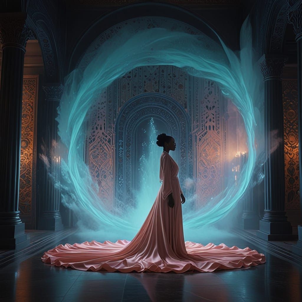 Ethereal queen dances in a realm of dreams