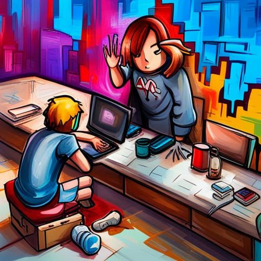 Girl Playing Roblox in Graffiti Art Style