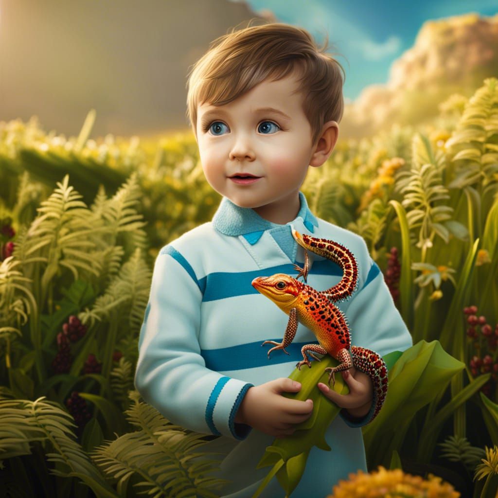 Toddler and Robotic Gecko: Hyperdetailed Digital Art