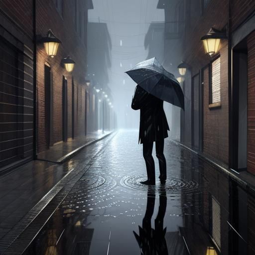 Crying Man in Rainy Alley Reflection