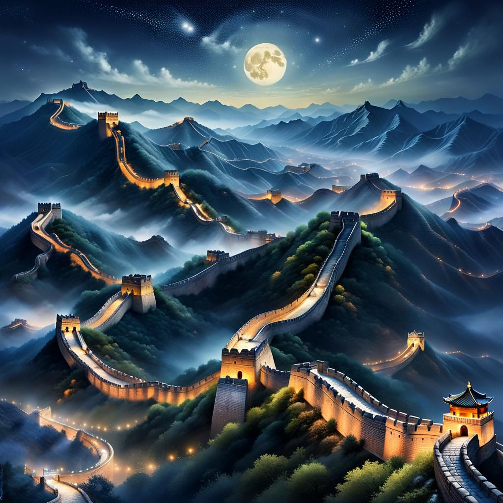 Great Wall of China at Night in Romantic Style