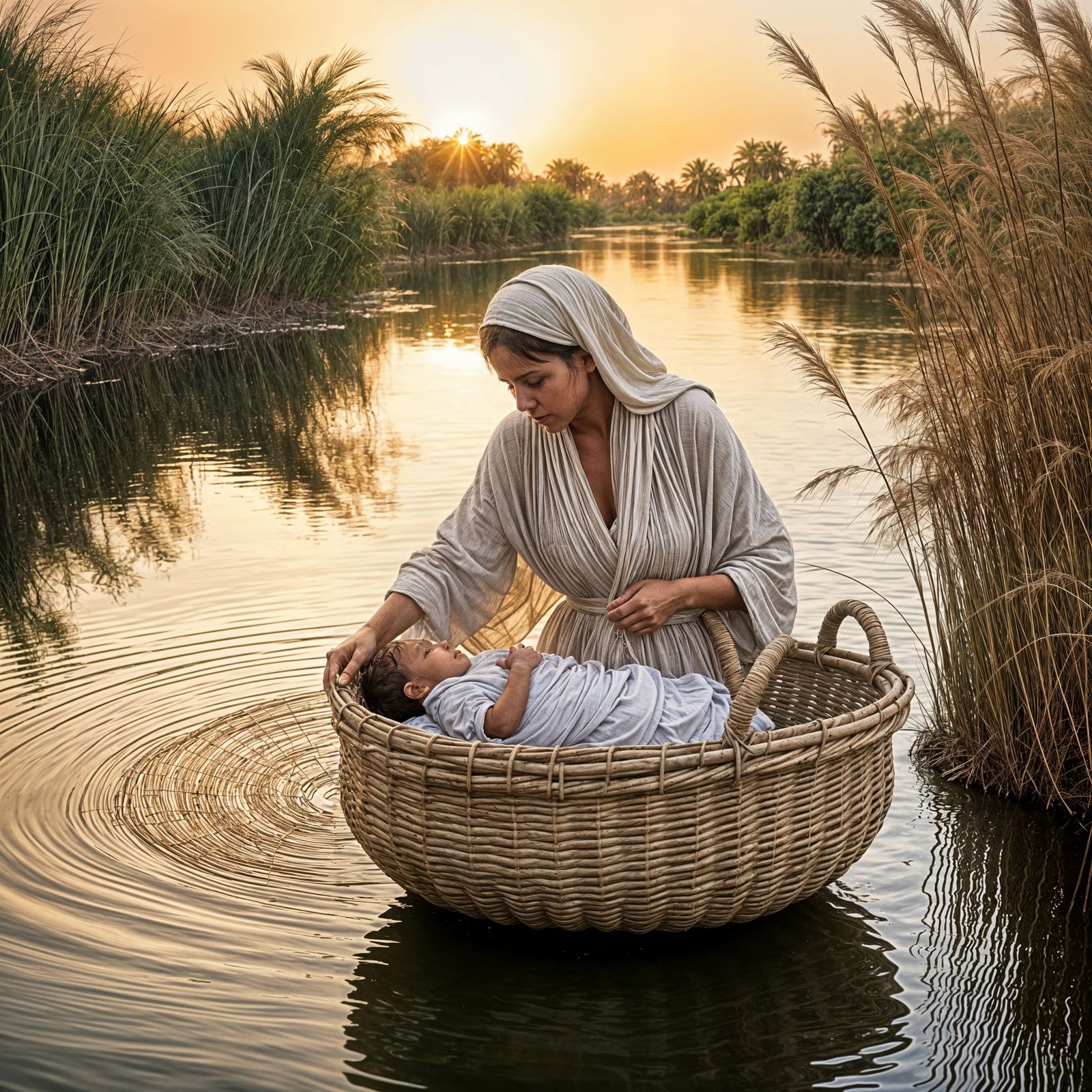 Ancient Egyptian Mother Places Baby in Papyrus Basket Along ...