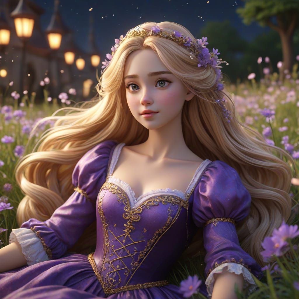 Anime-Style Rapunzel Watching Stars in a Field