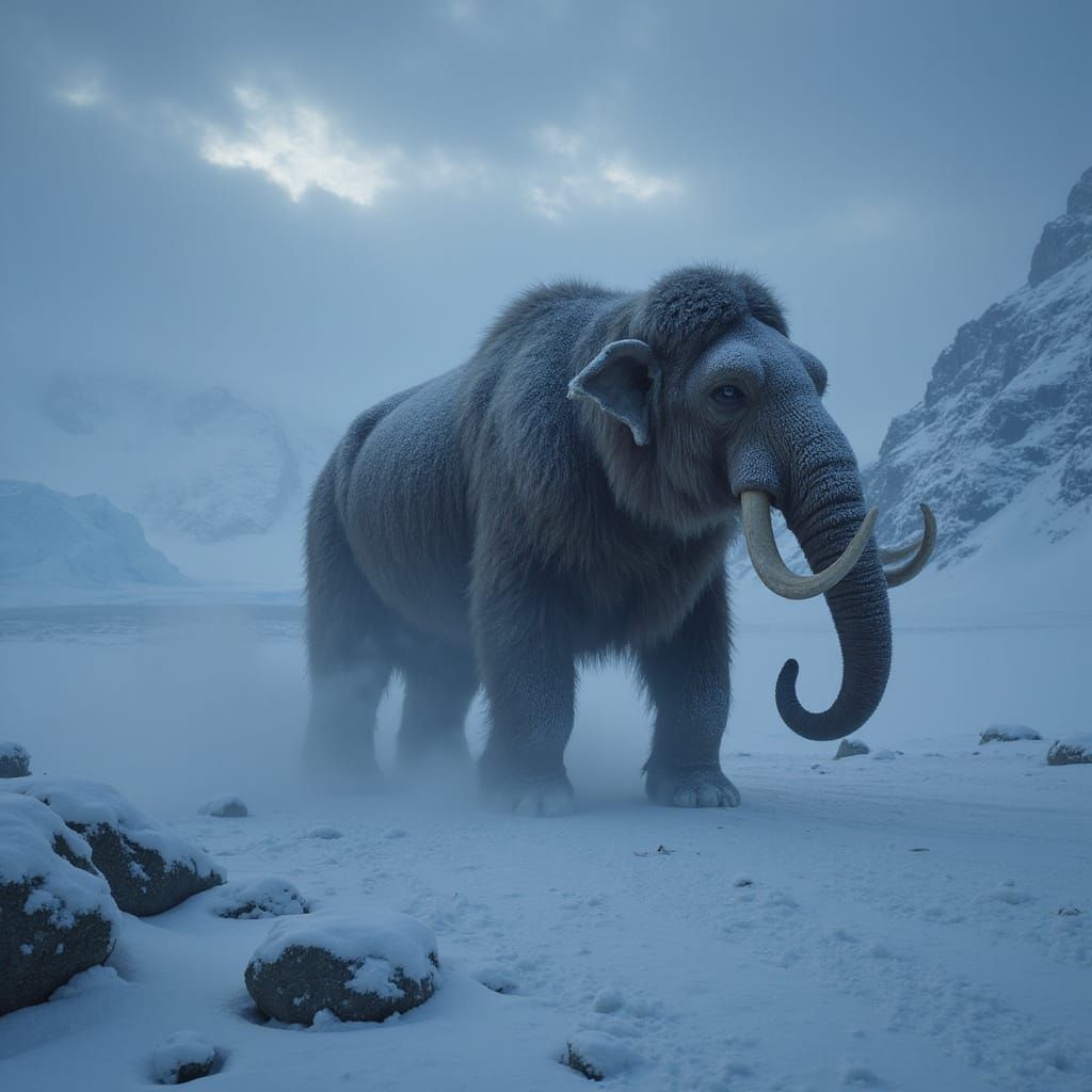 Woolly Mammoth in Antarctic Blizzard, Dramatic Winter Scene