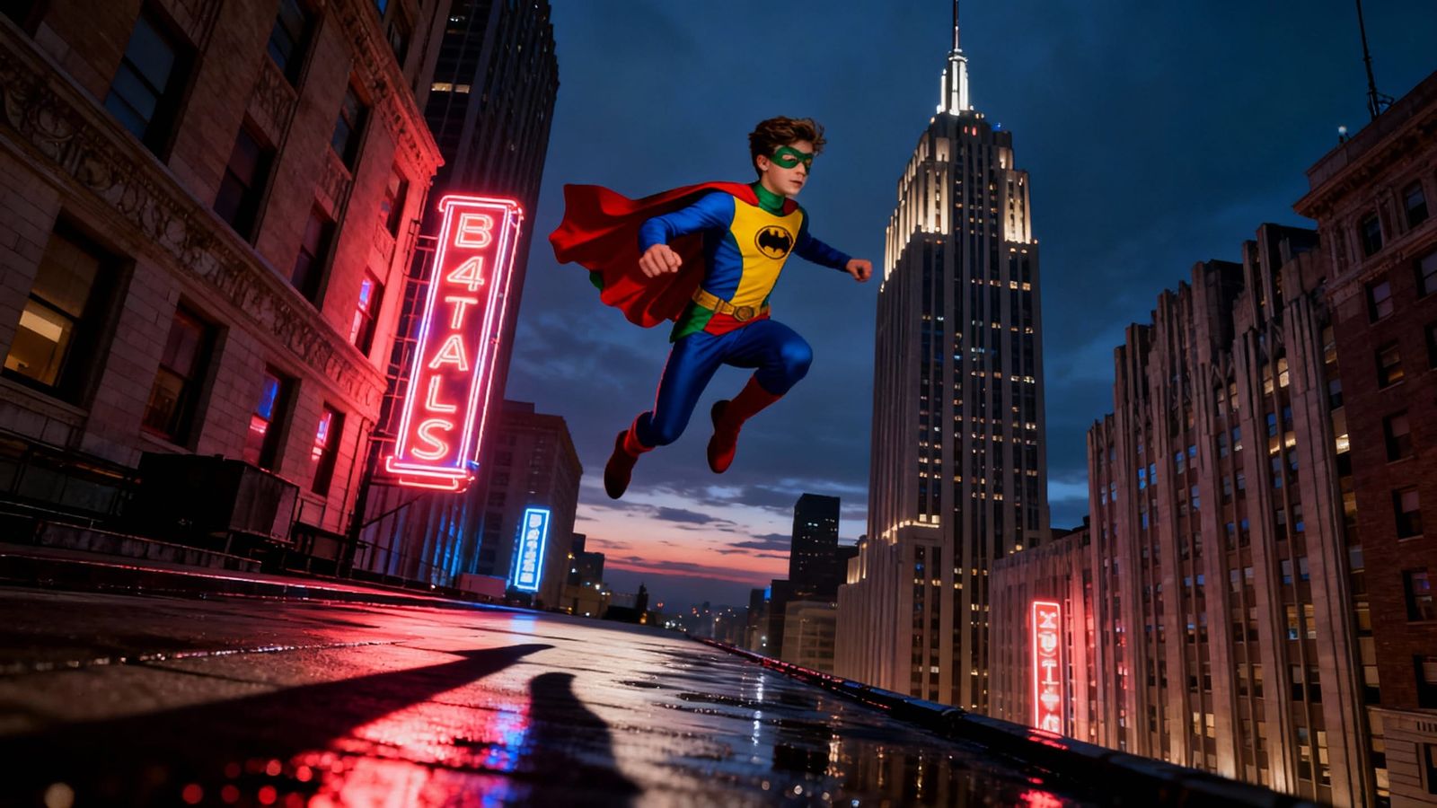 Superhero Leaps Between Art Deco Skyscrapers at Twilight