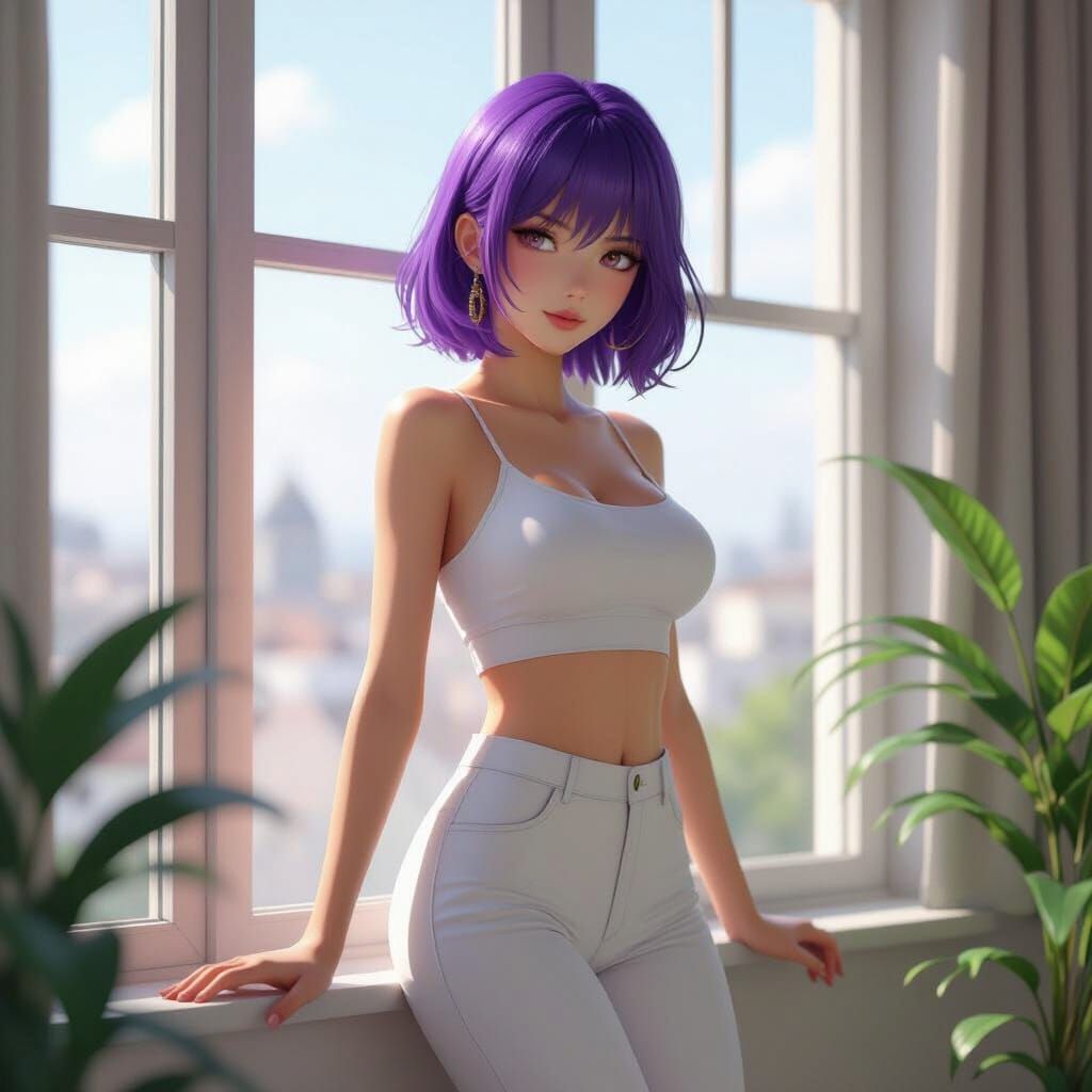 Anime Woman with Purple Hair Gazing Out Window