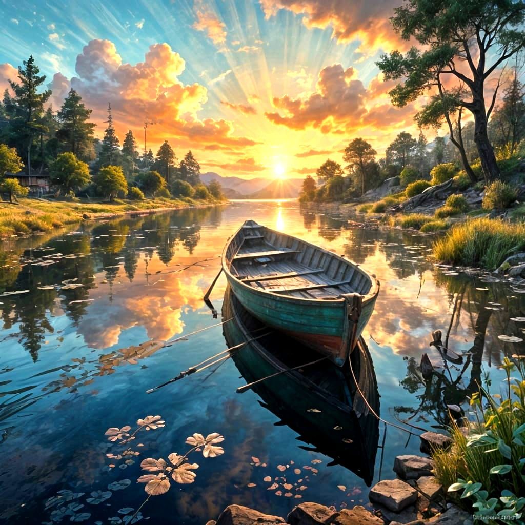 Rowboat on Lake at Sunset in Gouache Style