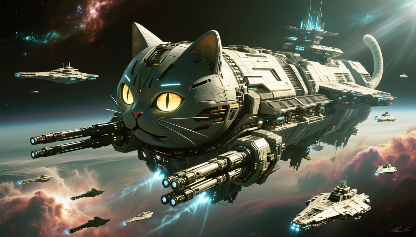 Colossal Cat-Shaped Space Station in Epic Sci-Fi Concept Art