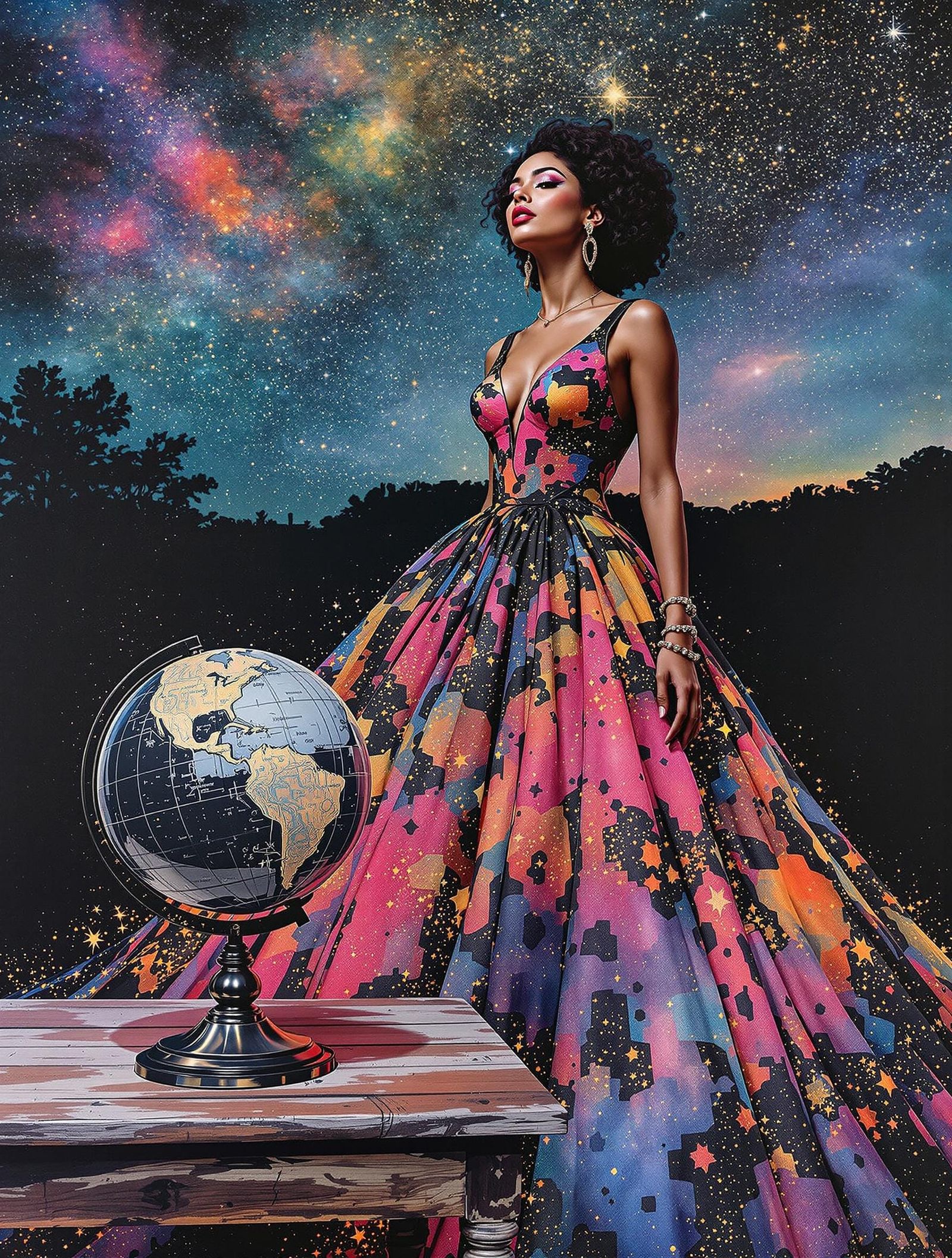 Surreal Latinx Goddess Shines Under Celestial Skies