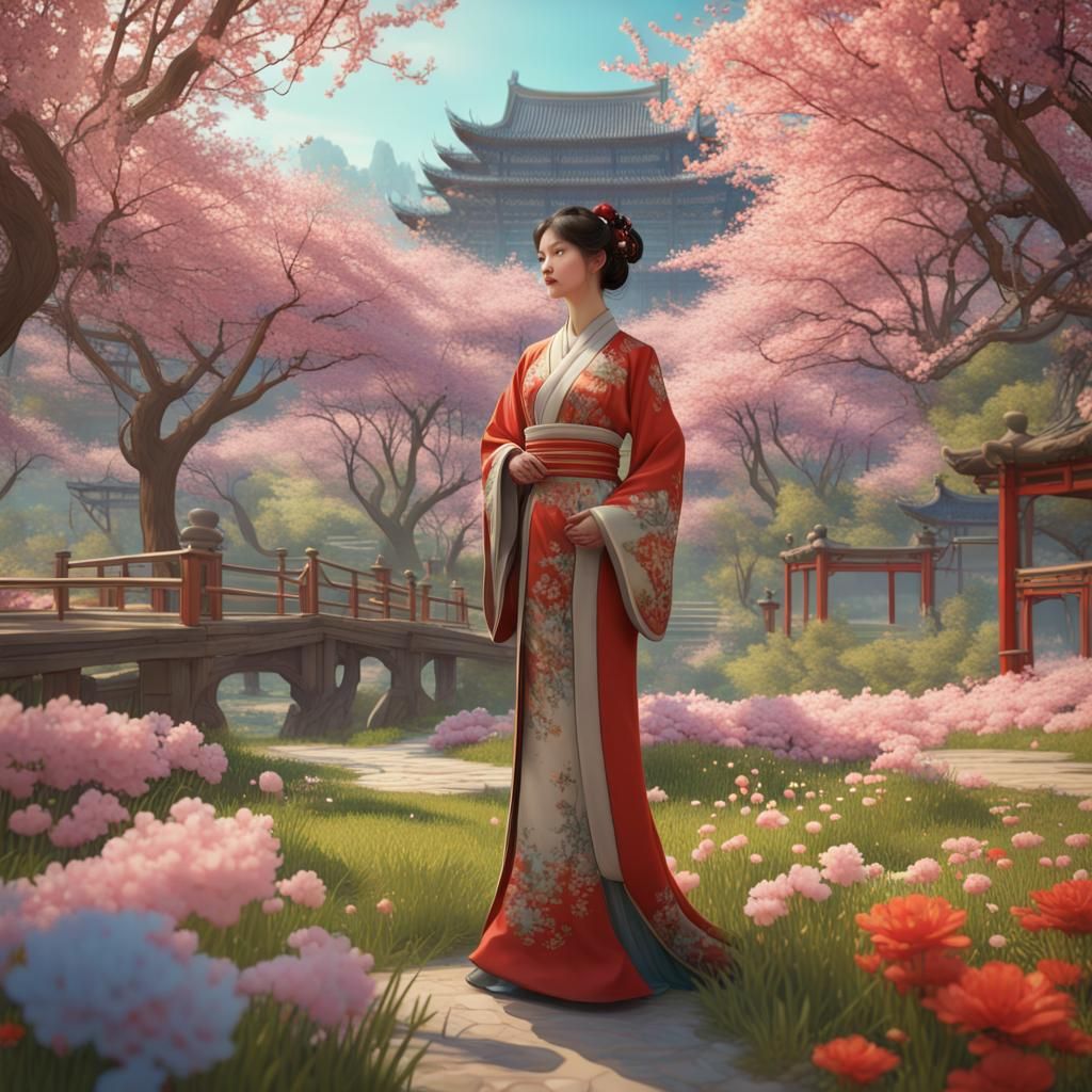 Art Nouveau Chinese Lady in Spring Blossom Field