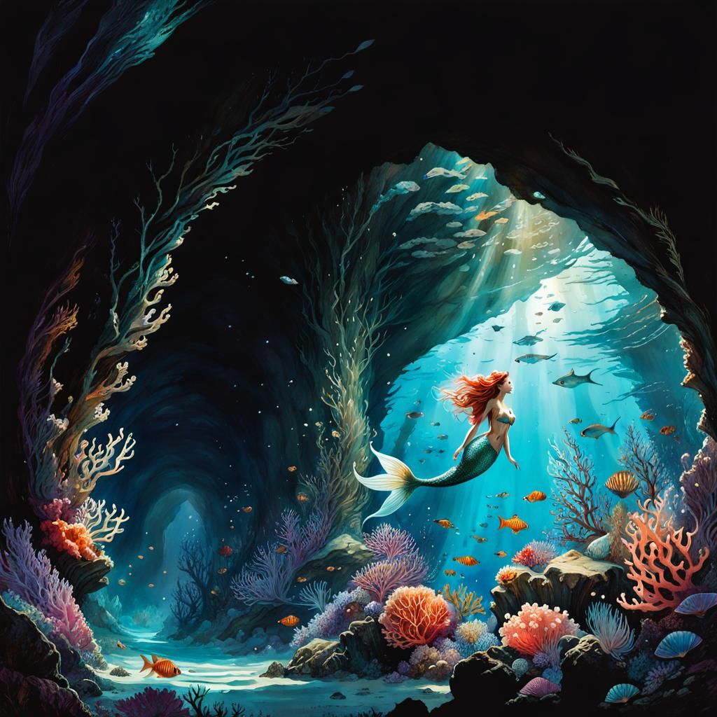 Underwater Mermaid Goddess in Coral Cave
