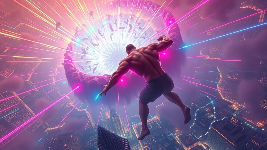 Surreal Anime-Inspired Cityscape Swarmed by Muscular Figures