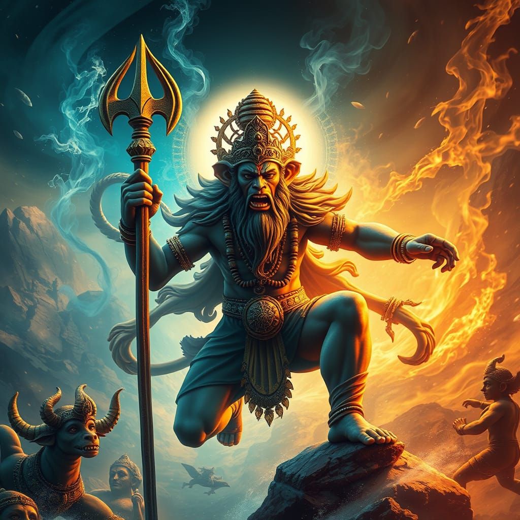 Majestic Hanuman in Mythological Indian Folk Art Style