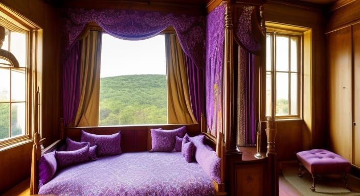 Elizabethan Mansion Bedroom with Aurora Borealis, 3D Render