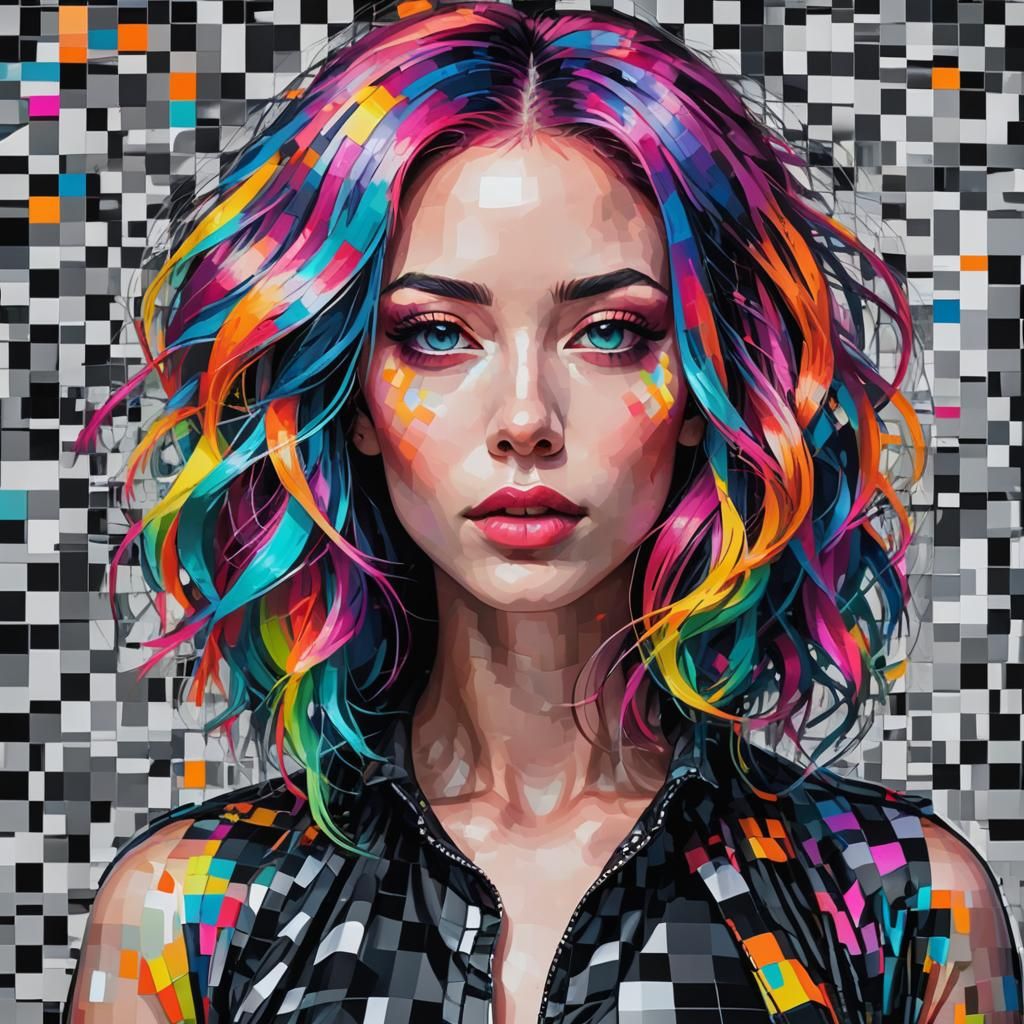 Glitch Art Woman with Multicolored Hair