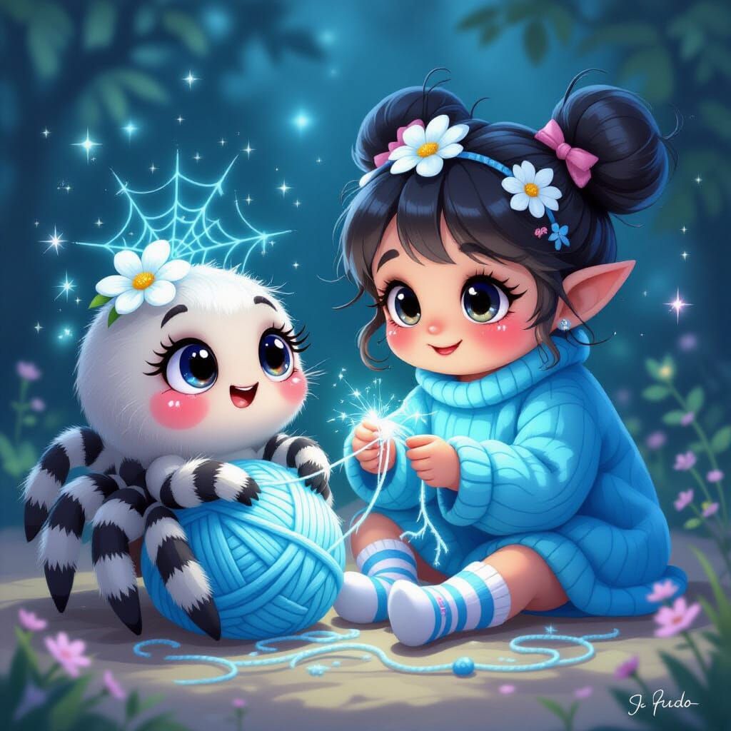 Cute Kawaii Spider Weaving Glowing Blue Web