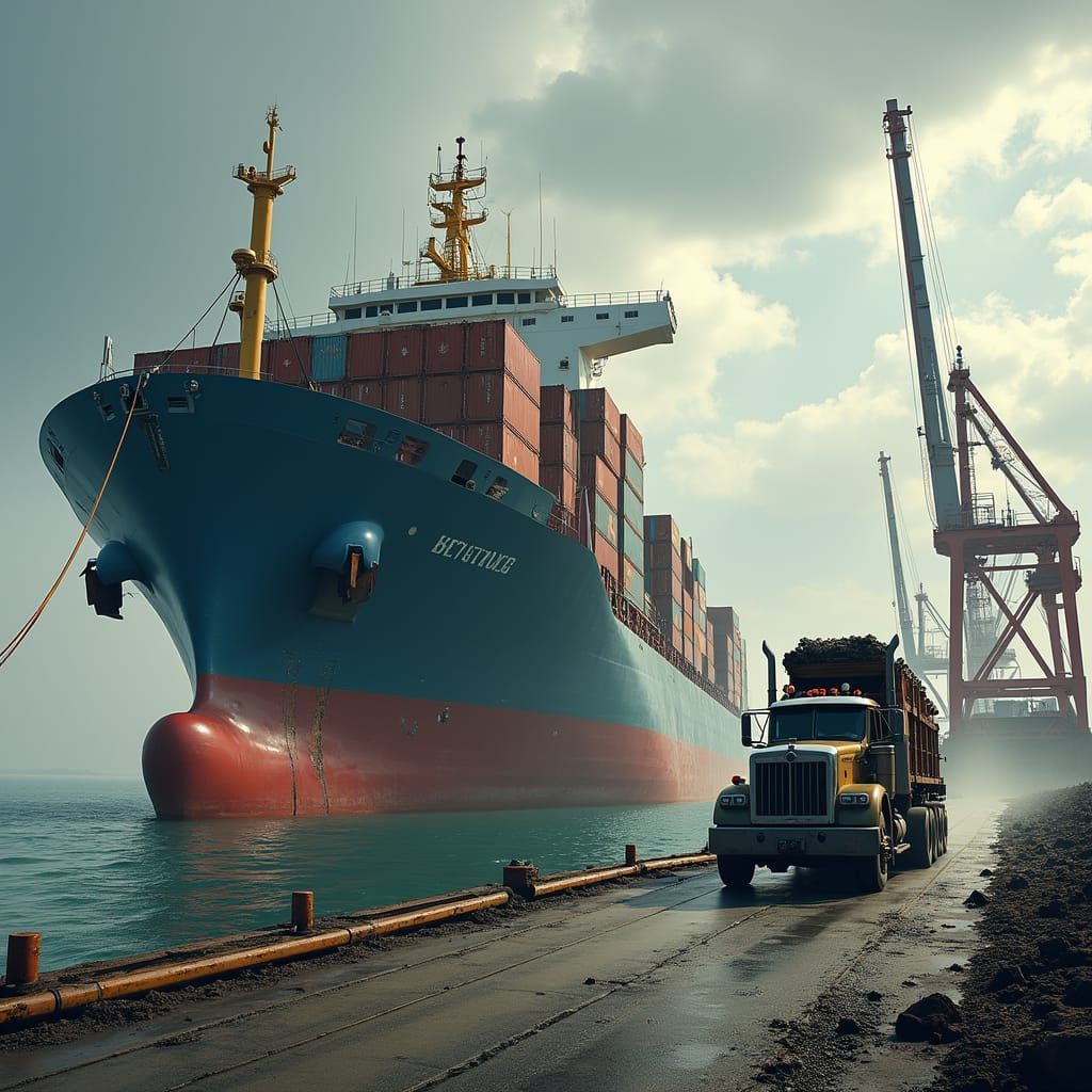 Industrial Port Scene with Heavy Equipment and Futuristic La...