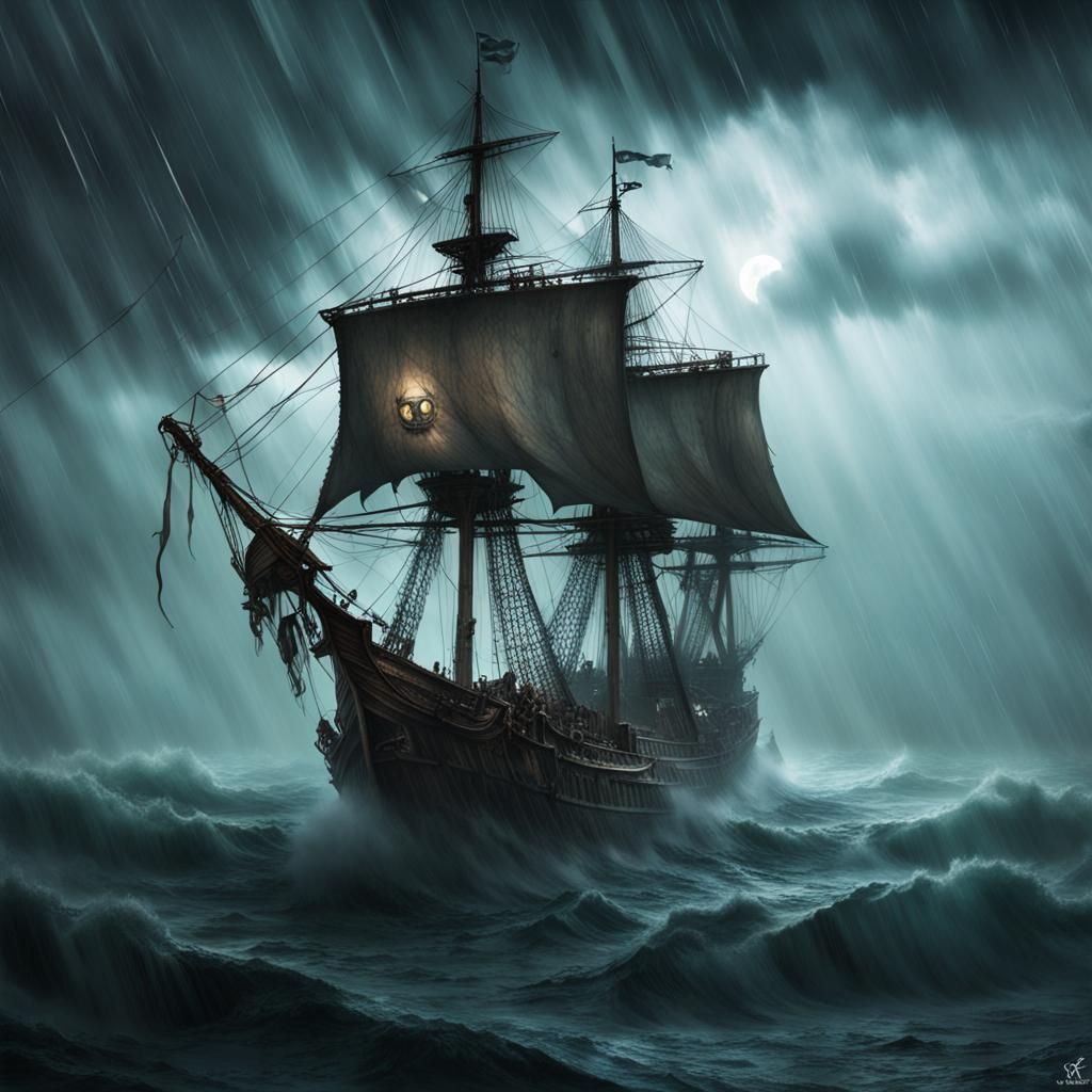 Ghost Pirate Ship and Sirens in Gothic Horror Style