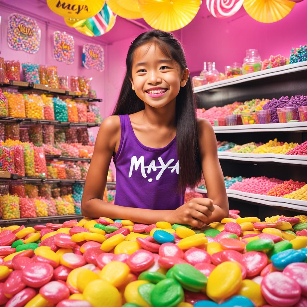 Malay Girl in Candy Store: Hyperrealistic 64k Image
