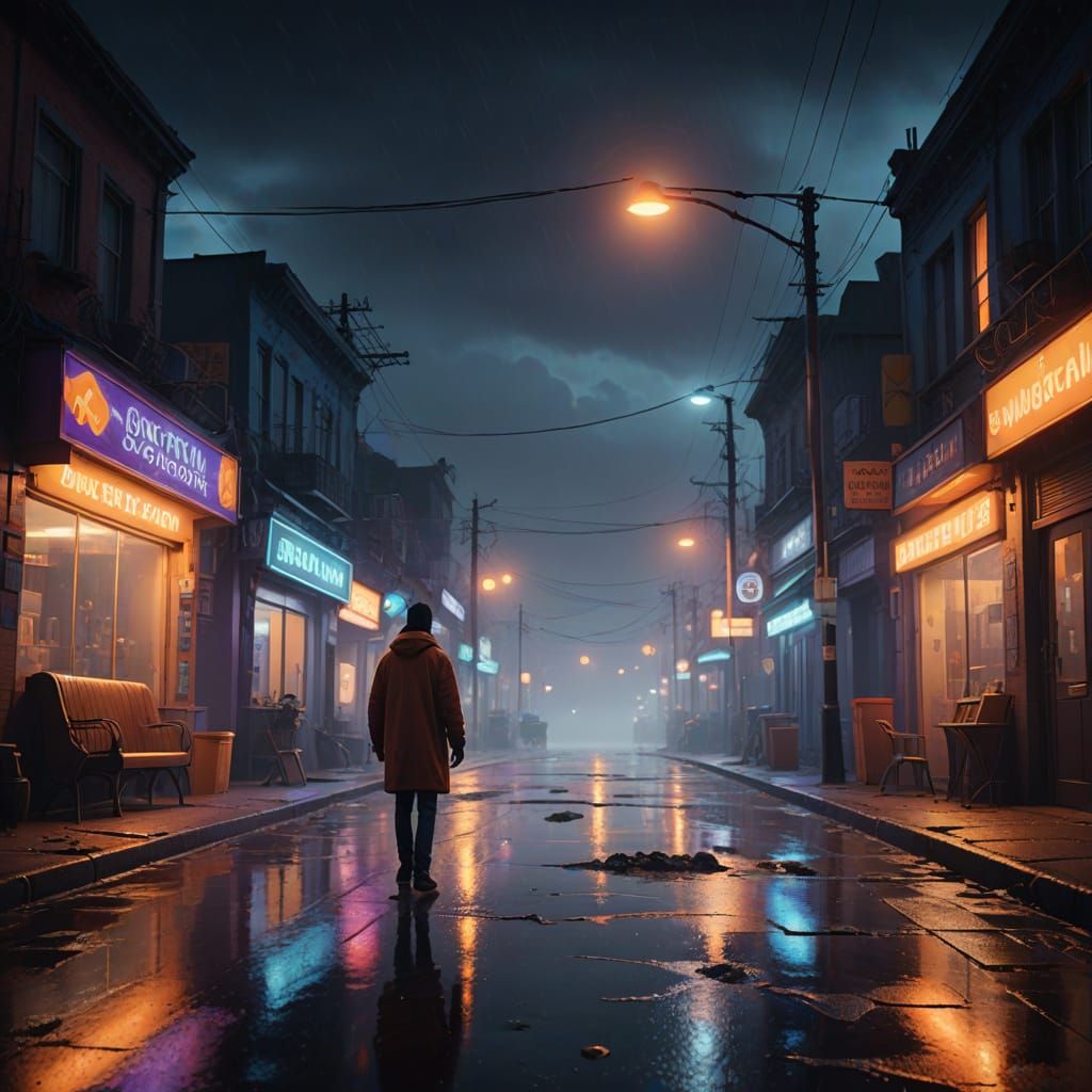 Seaside Boulevard at Night: Vibrant Oil Painting