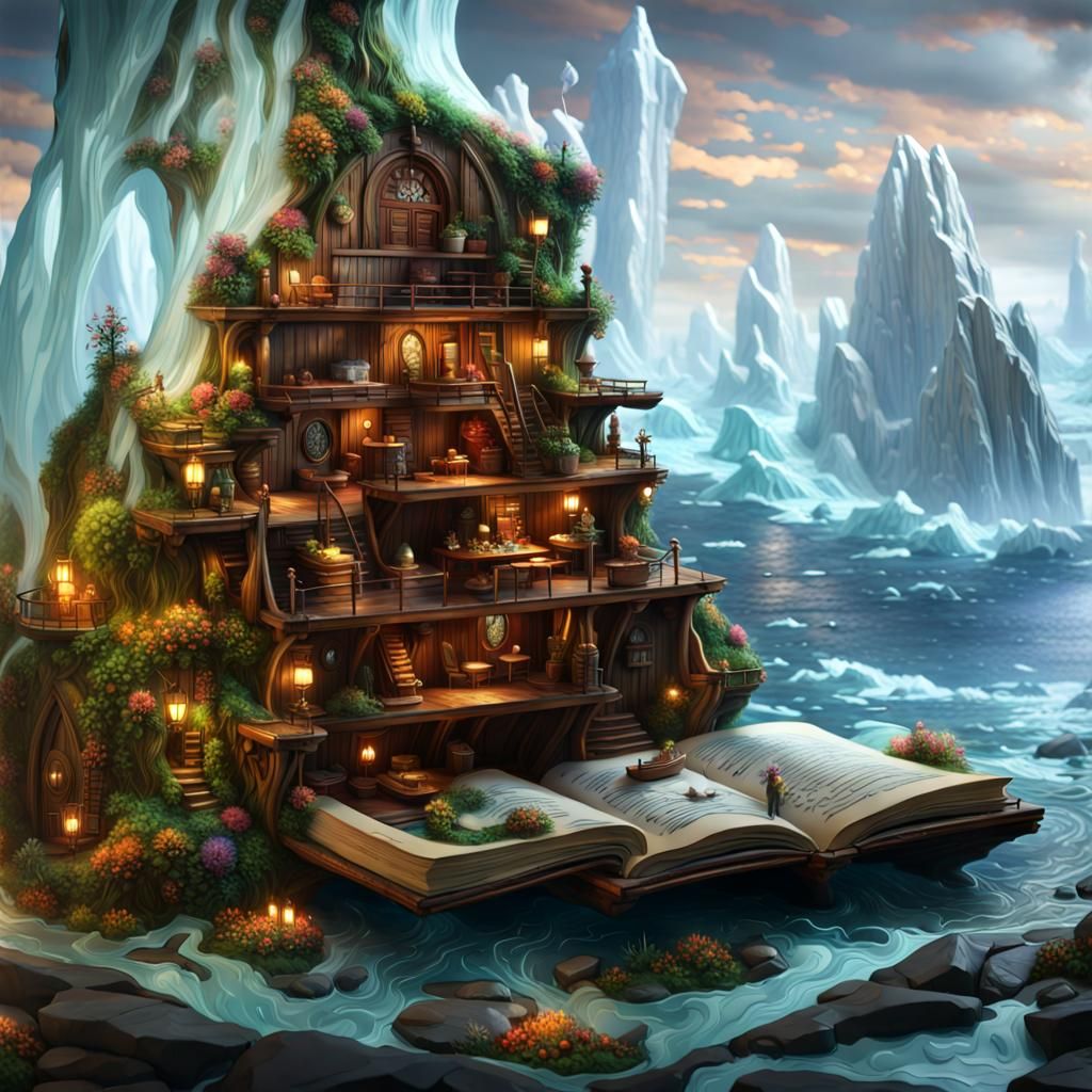 Glass Book with River in Fantasy Art Style