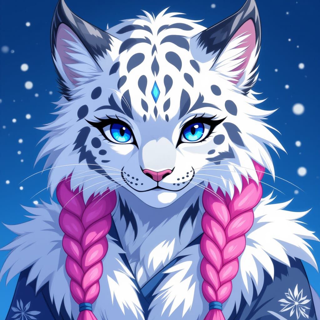 Anime Style Snow Leopard Charr with Blue Eyes