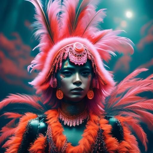Woman in Orange with Pink Boa: Sci-Fi Digital Art