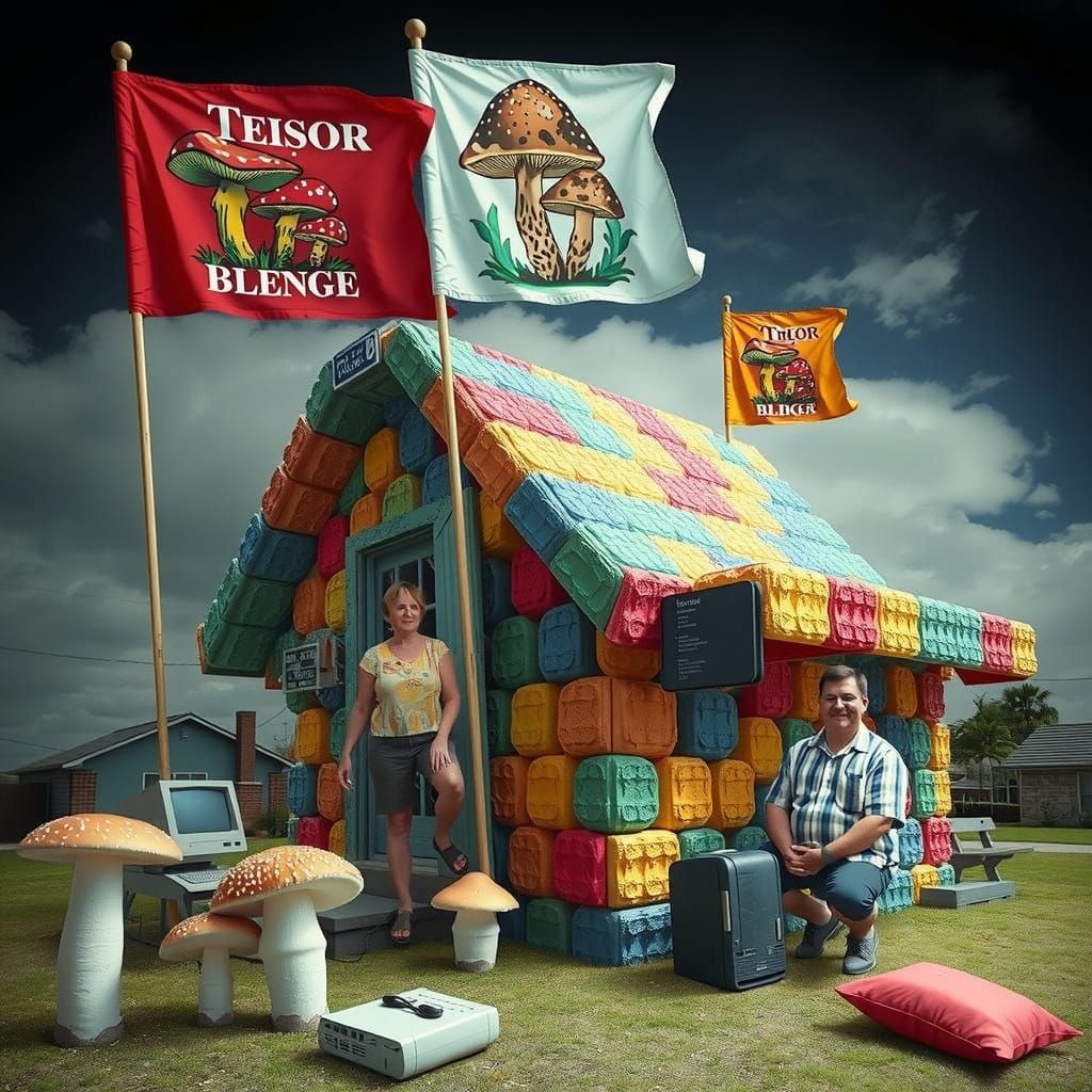 Surreal Mushroom Garden with Vintage Computer