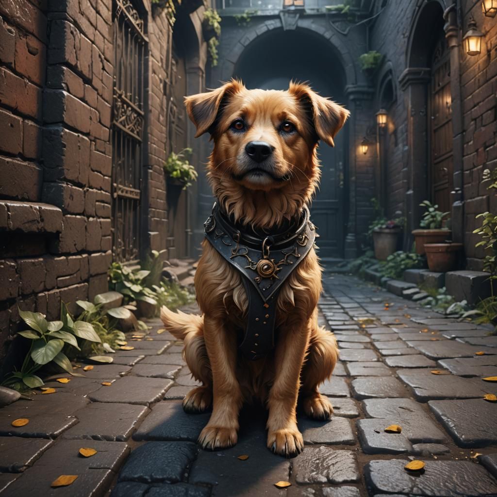 Cute Dog in Dark Alleyway: Detailed Matte Painting