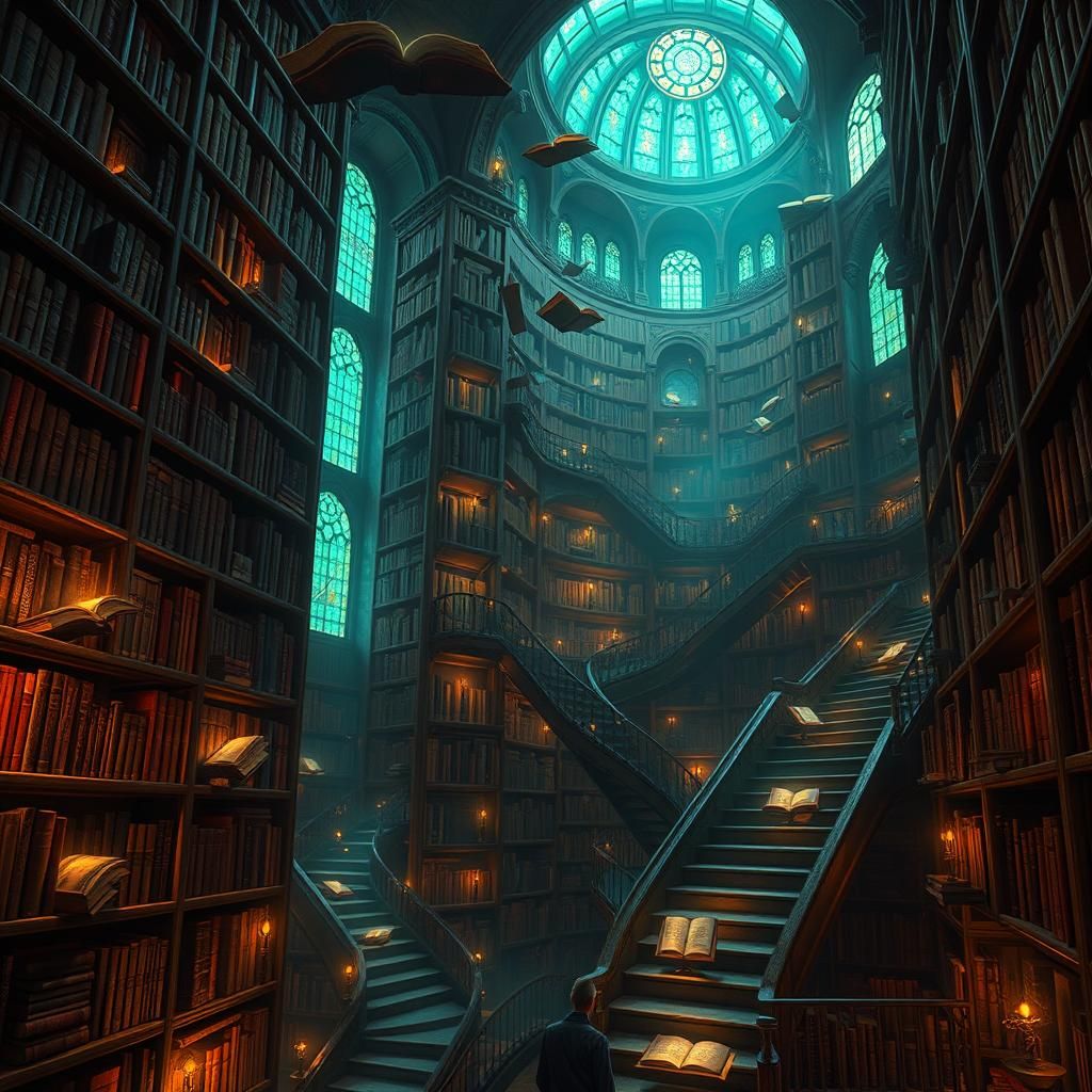 Majestic Infinite Library with Mystical Tomes