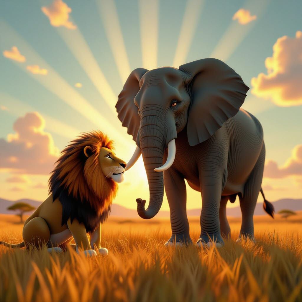Majestic Lion Bows Before Elephant in 3D Art