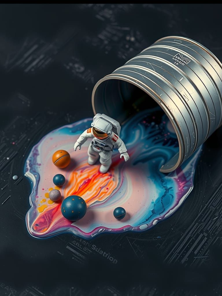 Cosmic Spacesuit Voyager on a Swirling Paint Puddle