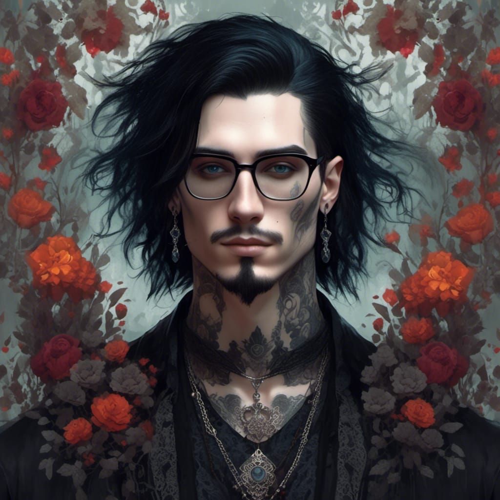 Goth Man Portrait with Floral Wallpaper in Art Nouveau Style