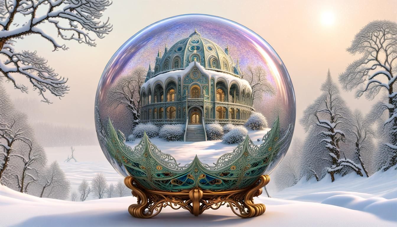 Fractal Filigree Sphere on Snowy Day: Naive Art