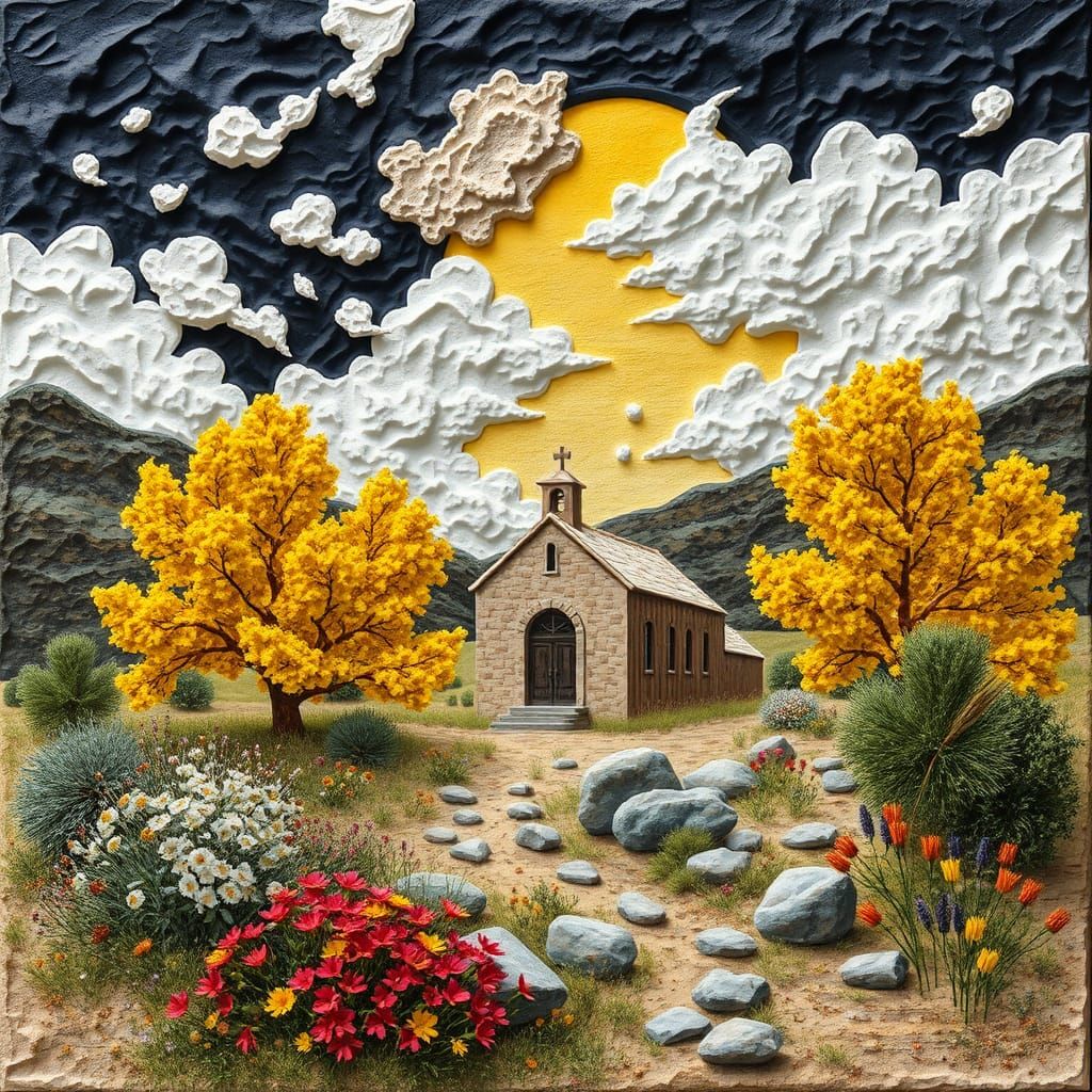 Adobe Chapel in Autumn Valley: Textured Relief Painting