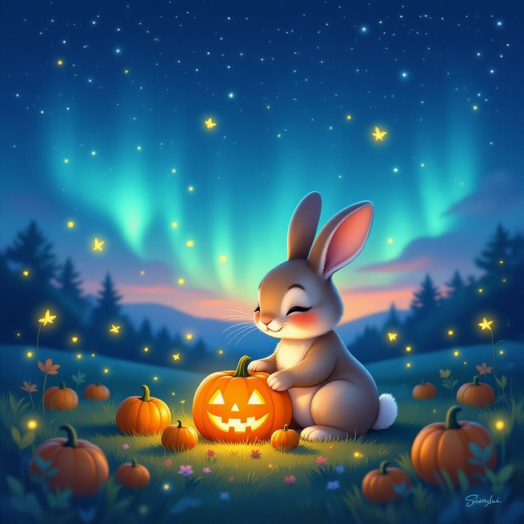 Anthropomorphic Rabbit Tends Glowing Pumpkin Patch