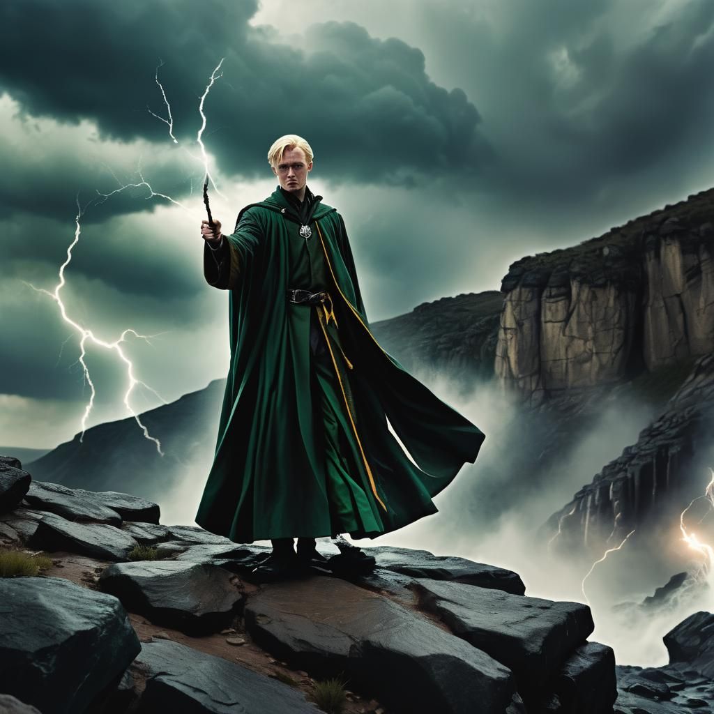 Draco Malfoy standing on a rocky cliff, a fierce storm ragin...