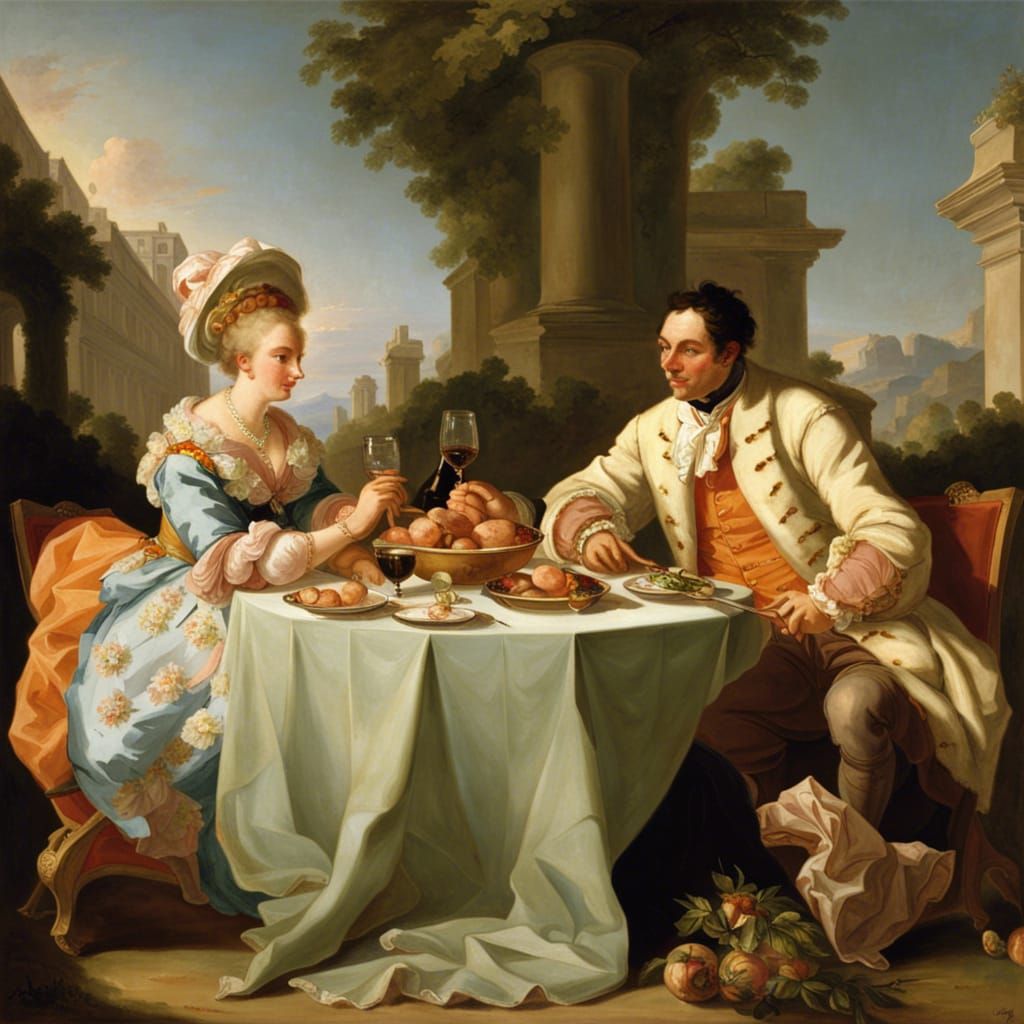 Elegant Couple at Alfresco Dinner, Rococo Style