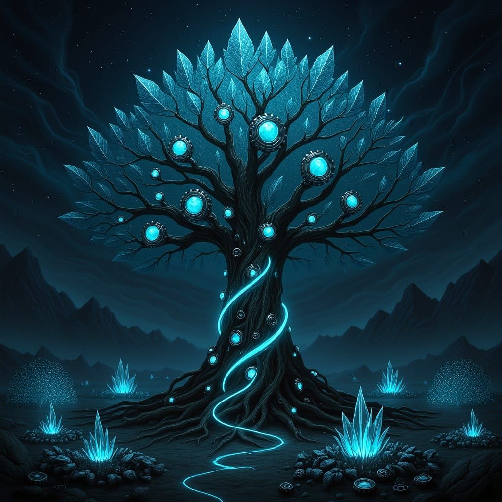 Ancient Metallic Tree with Crystal Leaves in Cosmic Sky