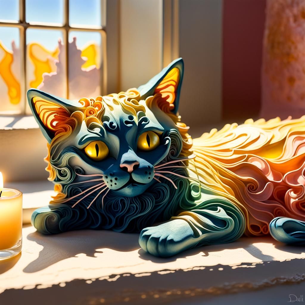 Glowing Cat Resin Sculpture in Impressionistic Style