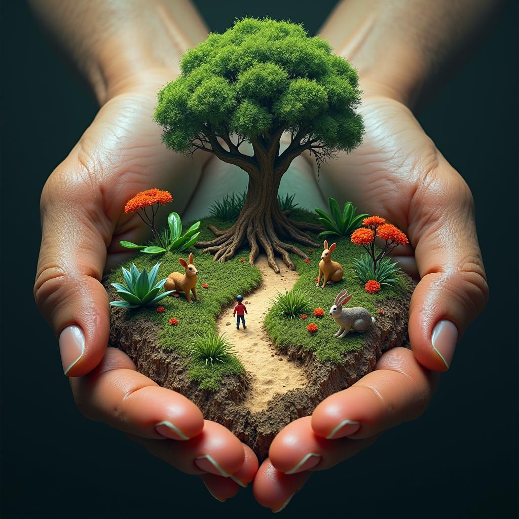 Hands Cradle Vibrant Garden: Impressionistic Fantasy Art