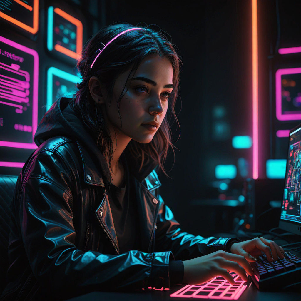 Turkish Girl Codes the Future in Neon-Lit Darkness